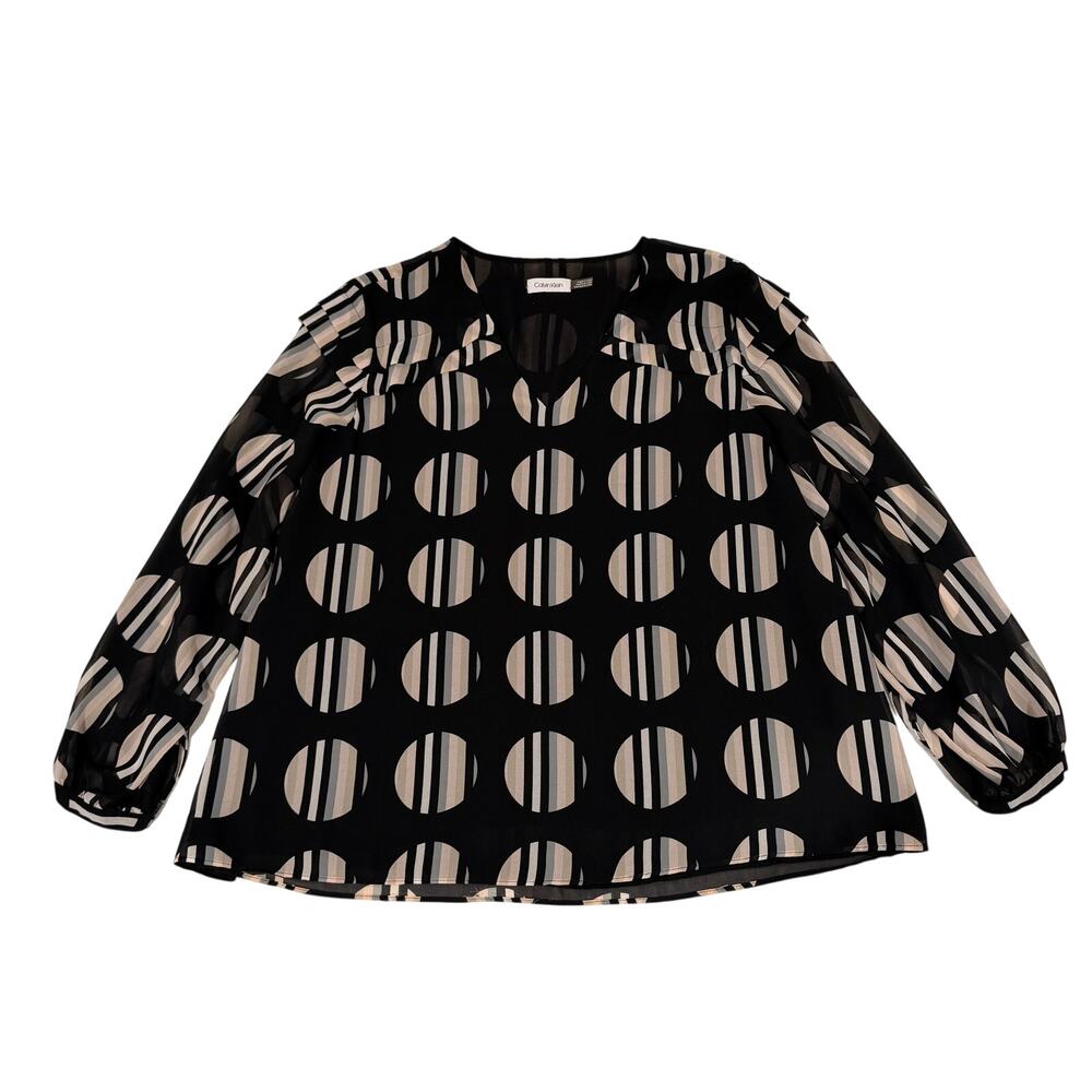 Calvin Klein Women's Black Geometric Print Sheer Long Sleeve Blouse Top